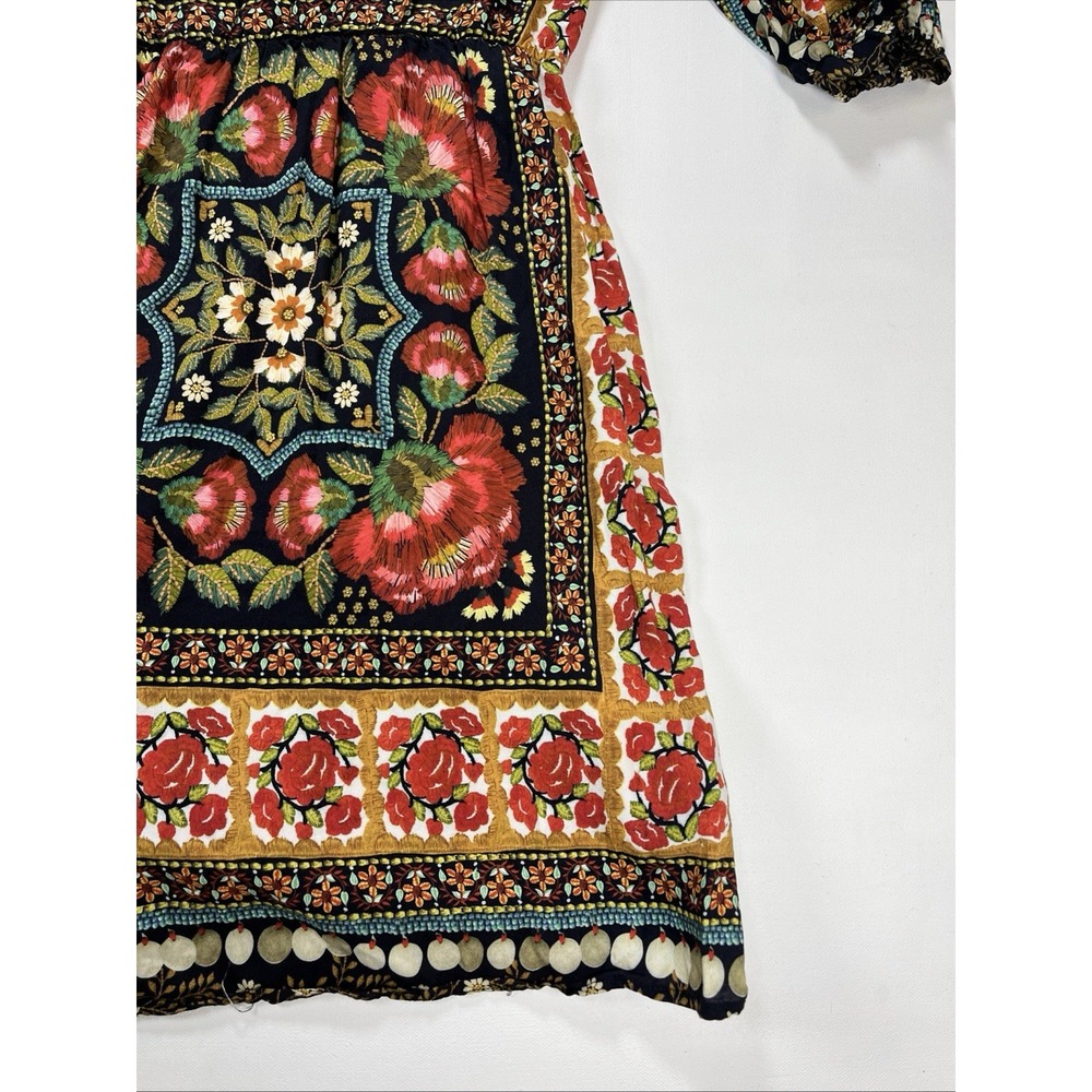 FARM Rio Floral Wrap Mini Dress V-Neck Puff Sleeve Pattern Tapestry Womens S - Picture 14 of 16